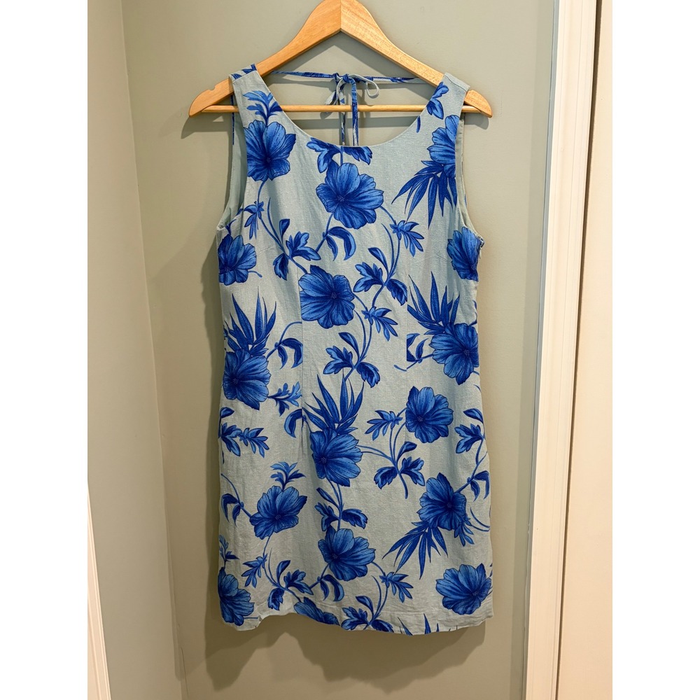 Calypso St Barth Blue Floral Linen Blend Shift Mini Dress Back Tie Small